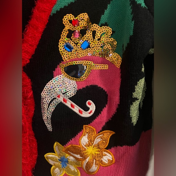 Festive Christmas Flamingo Sweater - Black, Pink, Green - Picture 3 of 6
